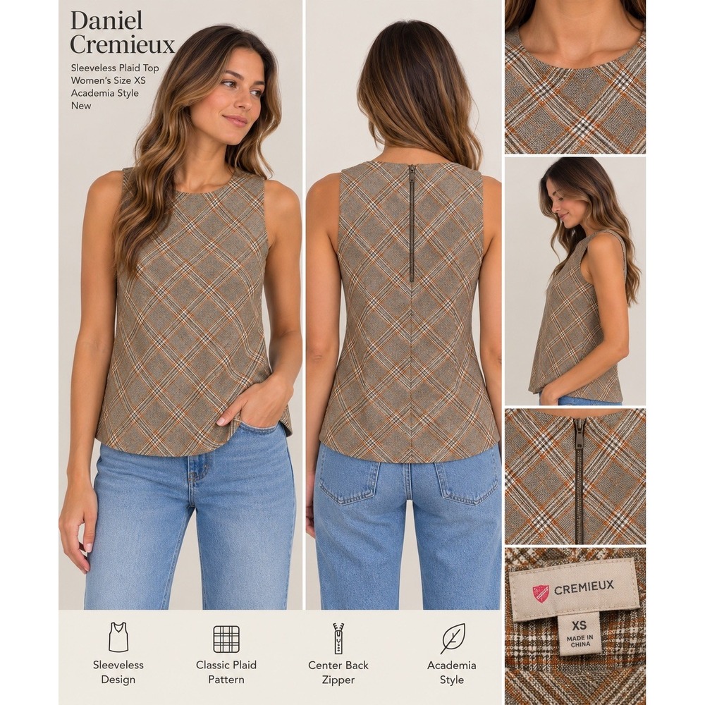 Cremieux Top Womens size XS plaid sleeveless Blouse Acadimia Business Casual New